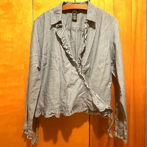 Lauren Jeans Co-Ralph Lauren-Sz 16 Chambray Wrap Blouse-Ruffle-Preppy-Western - Picture 1 of 10